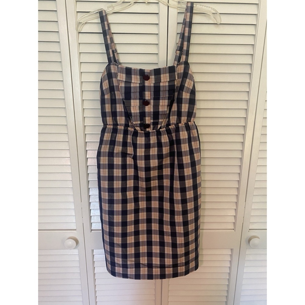 Anthropologie Maeve XS Plaid Mini Dress Blue Pink Cottagecore Preppy Pinafore - Picture 2 of 9